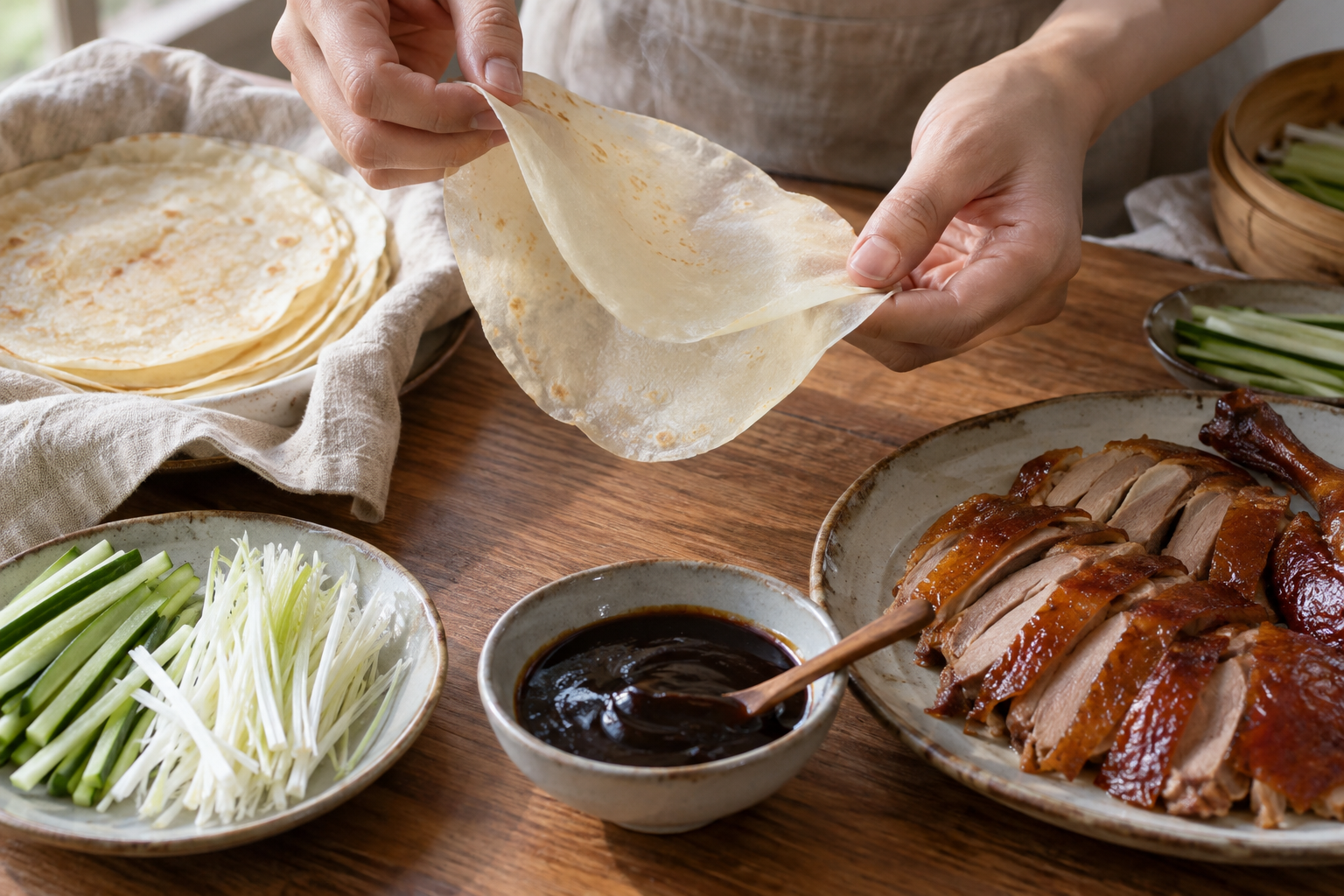 Två kavlade degbitar blir två tunna pannkakor när de dras isär efter stekningen. Nyskapad fotorealistisk illustration med lök, gurka och tianmianjiang till serveringen.
