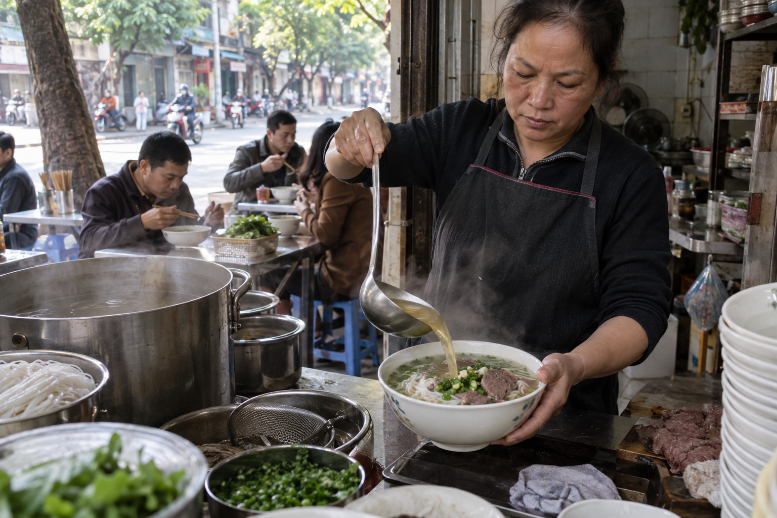 I Hanoi kan dagen börja med pho på en låg pall, medan köket redan har arbetat i timmar. Nyskapad fotorealistisk illustration av en morgonservering.