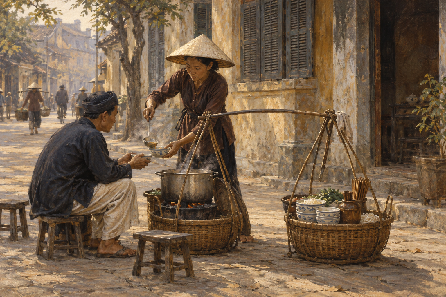 Tidiga skildringar av Hanoi förknippar pho med försäljare som bar sitt kök på en bärstång. Nyskapad målad illustration av en tänkt scen från tidigt 1900-tal, inte en dokumentär rekonstruktion.
