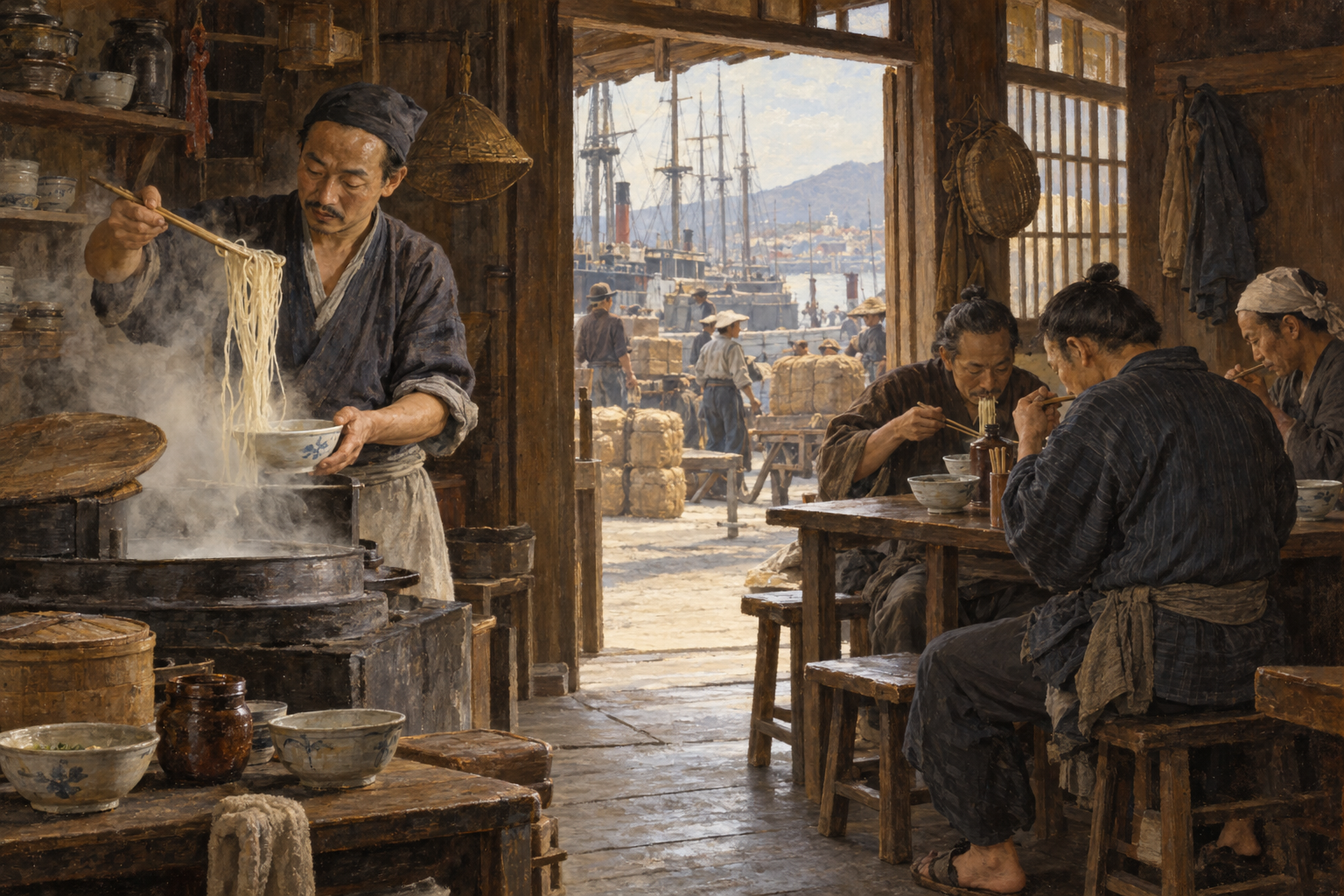 I hamnstäder som Yokohama möttes kinesiska nudeltraditioner och japanska matgäster. Nyskapad målad illustration av en tänkt hamnkrog kring 1890, inte en dokumenterad ursprungsscen.