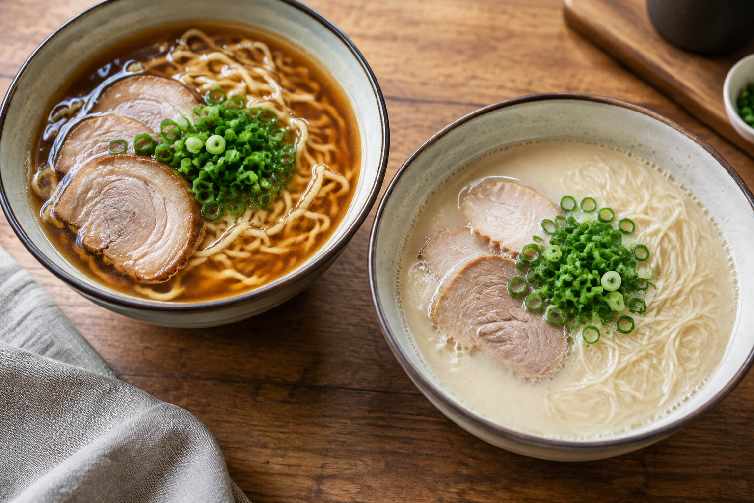 Shoyu anger främst smaksättningen, tonkotsu buljongens grund av fläskben – de kan också kombineras. Nyskapad fotorealistisk illustration.