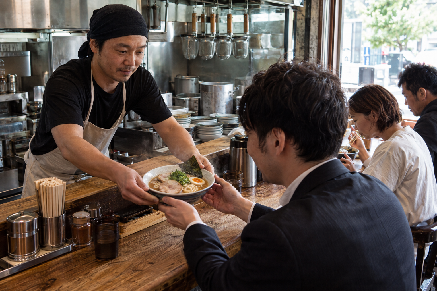 Vid disken möts kökets långa förberedelser och gästens korta lunchpaus. Nyskapad fotorealistisk illustration av en tänkt ramenbar i Tokyo.