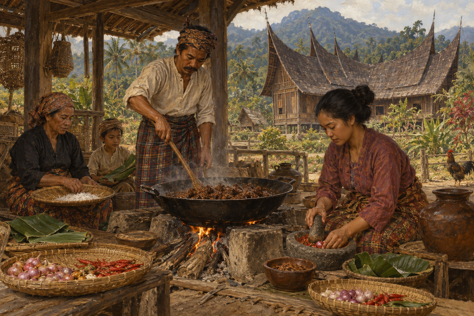 Rendang hör hemma i en tradition där handlaget förs vidare mellan människor och generationer. Nyskapad målad illustration av en tänkt matlagningsscen i Minangkabaus högland omkring 1880, inte en dokumenterad händelse.