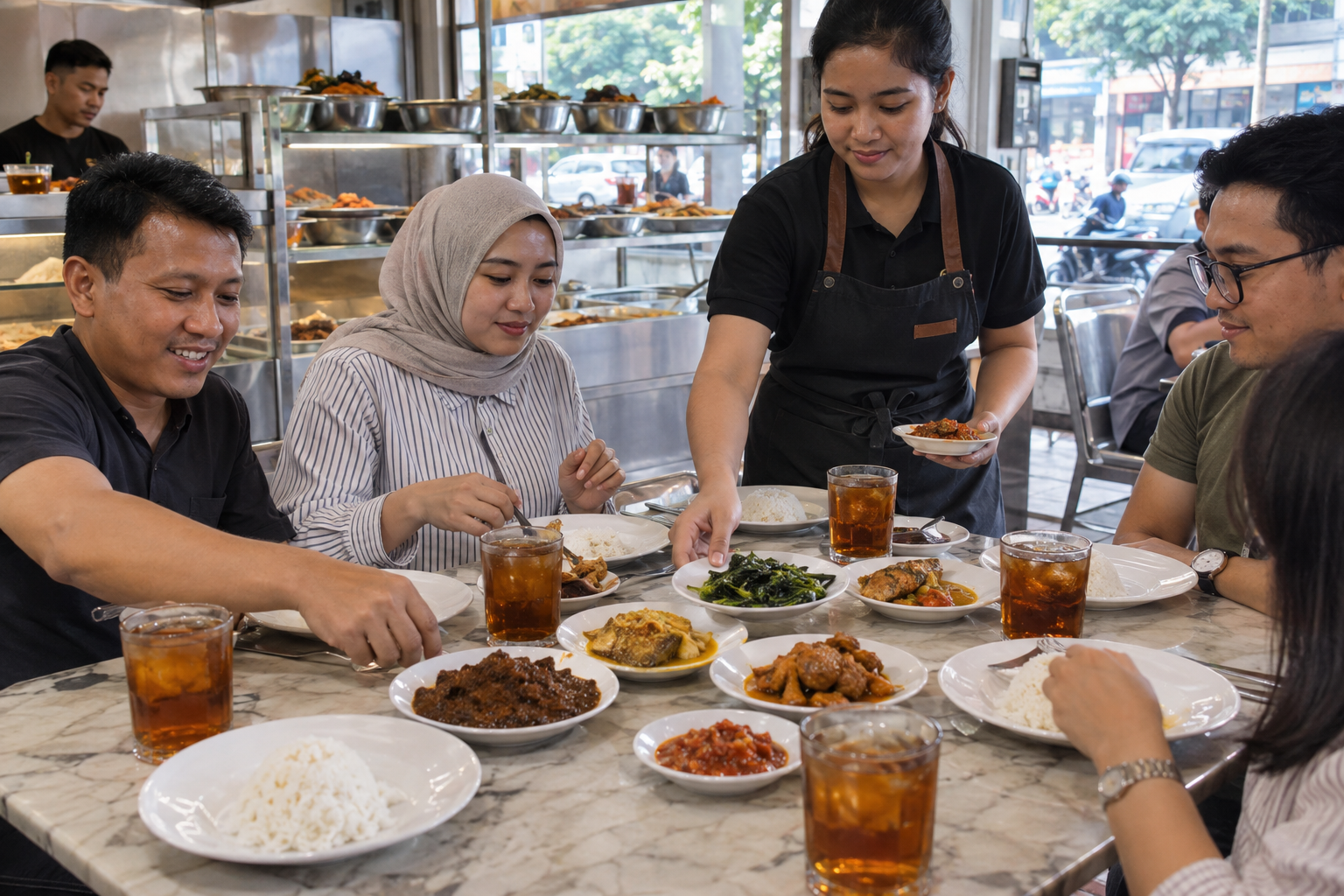 På Padangrestauranger kan rendang ingå i hidang, där flera små fat sätts fram och gästen väljer bland rätterna. Nyskapad fotorealistisk illustration av en restaurangmiljö i Jakarta.