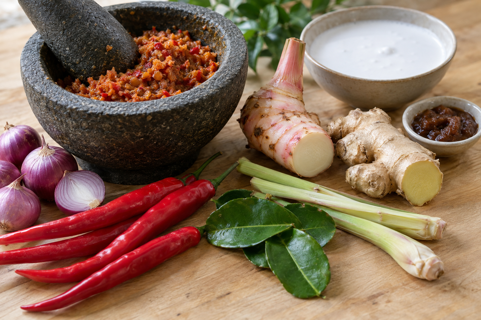 Galangal, ingefära, citrongräs och makrutlimeblad ger olika aromer åt kokosmjölken och kryddpastan. Nyskapad fotorealistisk illustration av råvarorna, med tamarind som receptets praktiska anpassning.