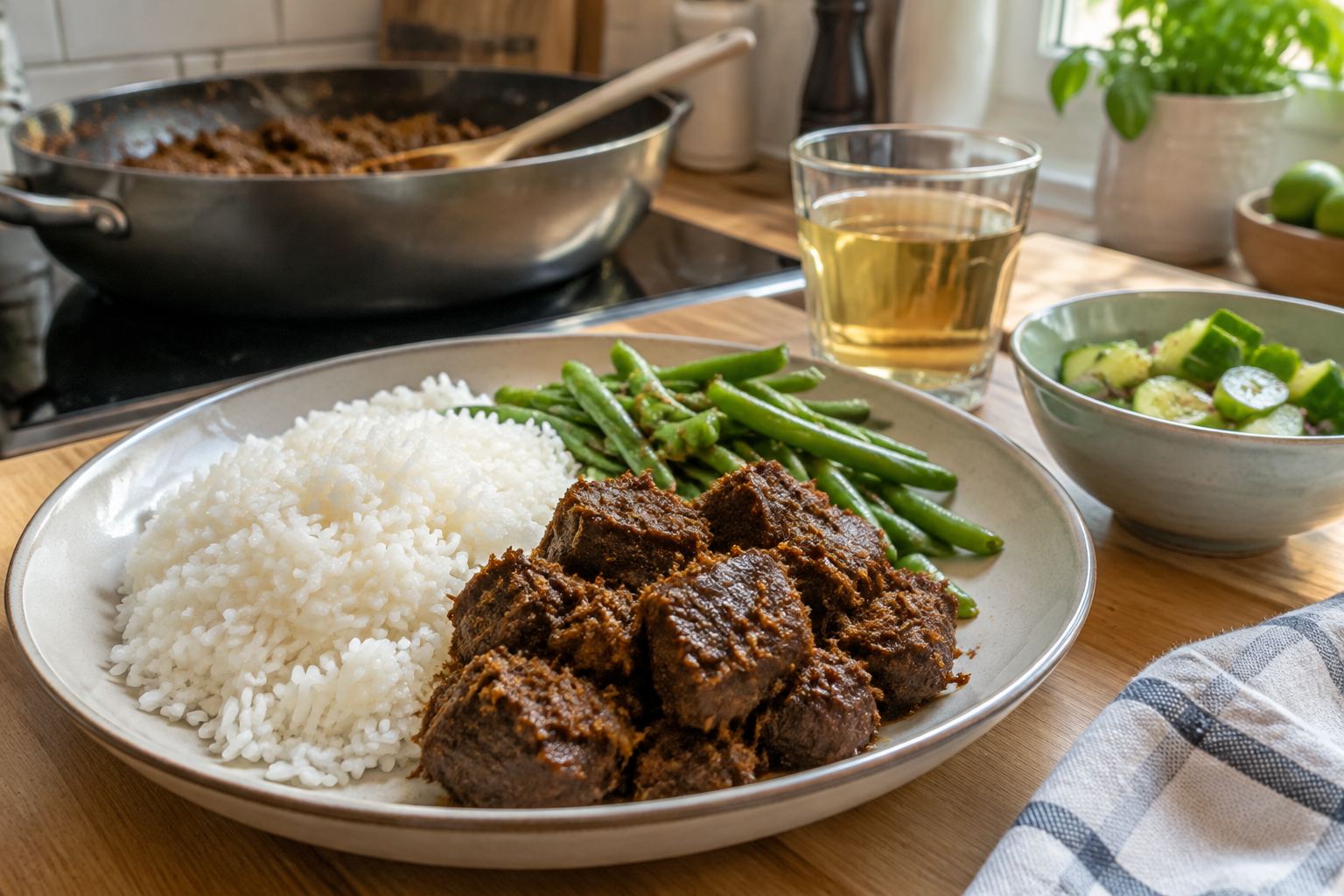 En liten portion koncentrerad rendang räcker långt med ris, grönt och en frisk gurksallad. Nyskapad fotorealistisk illustration av reportagets serveringsförslag i ett svenskt hemmakök.