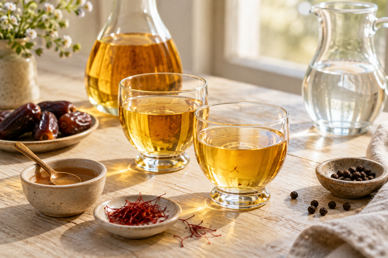 Den förenklade tolkningen av conditum paradoxum behåller vin, honung, peppar, saffran och dadlar, men utelämnar flera av originalets ingredienser och moment. Nyskapad fotorealistisk illustration.