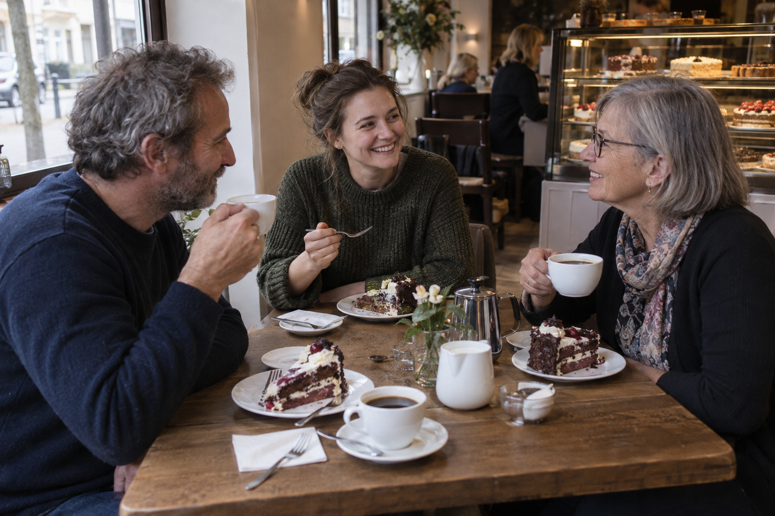 Kaffe, tårta och tid att sitta kvar: Kaffee und Kuchen är också en social paus. Nyskapad fotorealistisk illustration av en tänkt konditorimiljö.