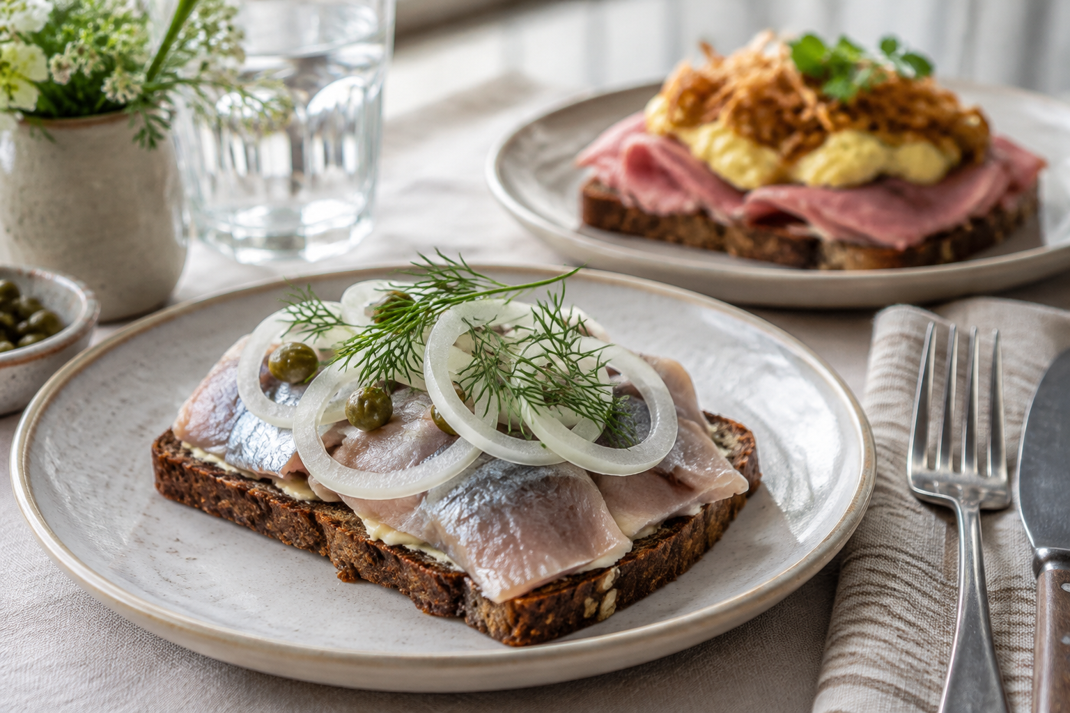 Sill, lök och dill på smörat rågbröd – en liten komposition av syra, sälta och fett. Nyskapad fotorealistisk illustration.