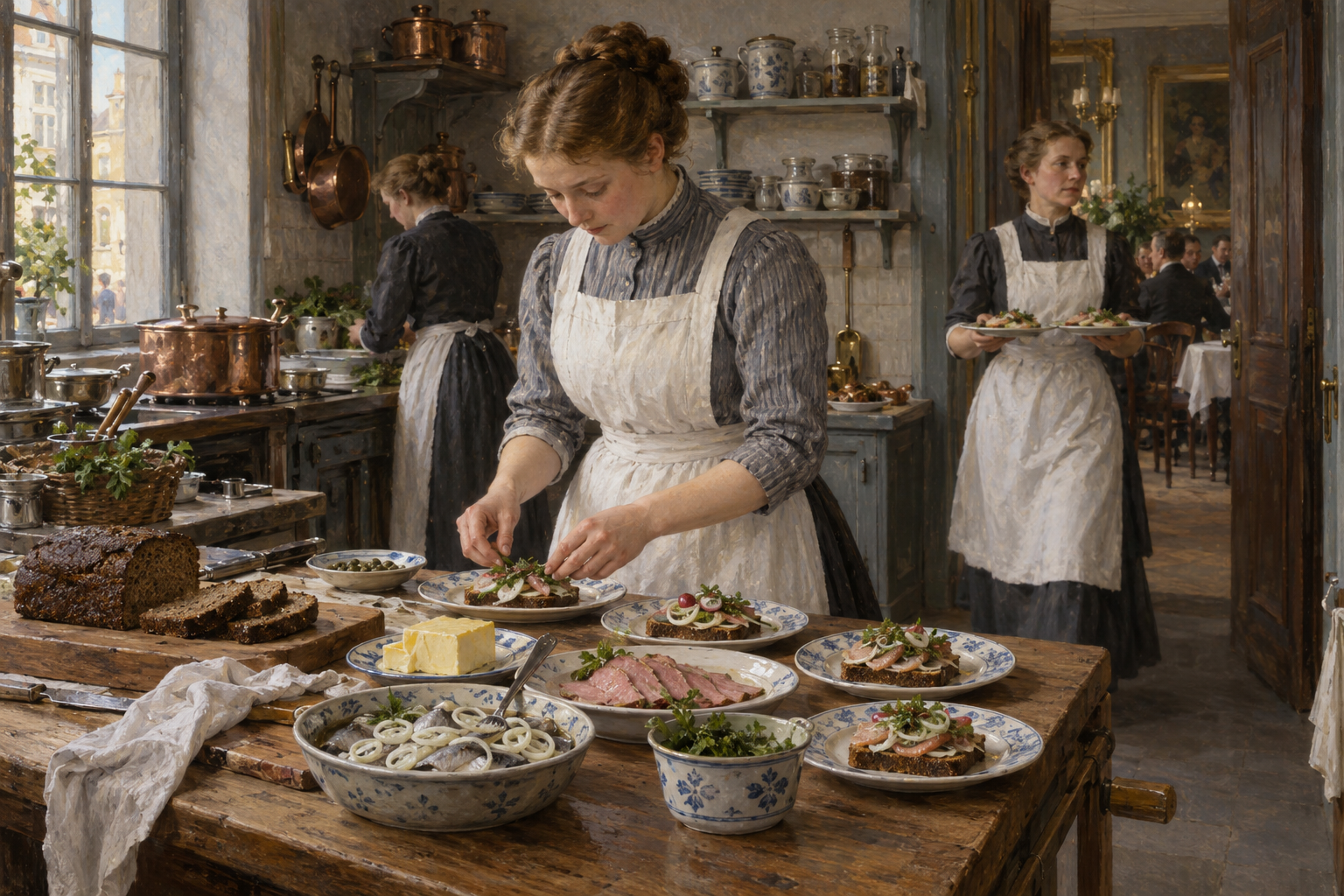 Det kalla kökets hantverk gav restaurangernas smørrebrød dess omsorgsfulla form. Nyskapad målad illustration av en tänkt köpenhamnsk köksscen omkring 1890.