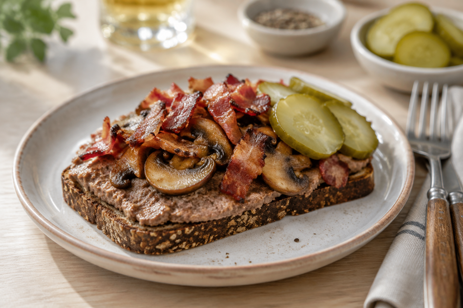 Leverpostej med bacon och brynt champinjon förenar mjukt och knaprigt, medan ättiksgurkan ger syra. Nyskapad fotorealistisk illustration.