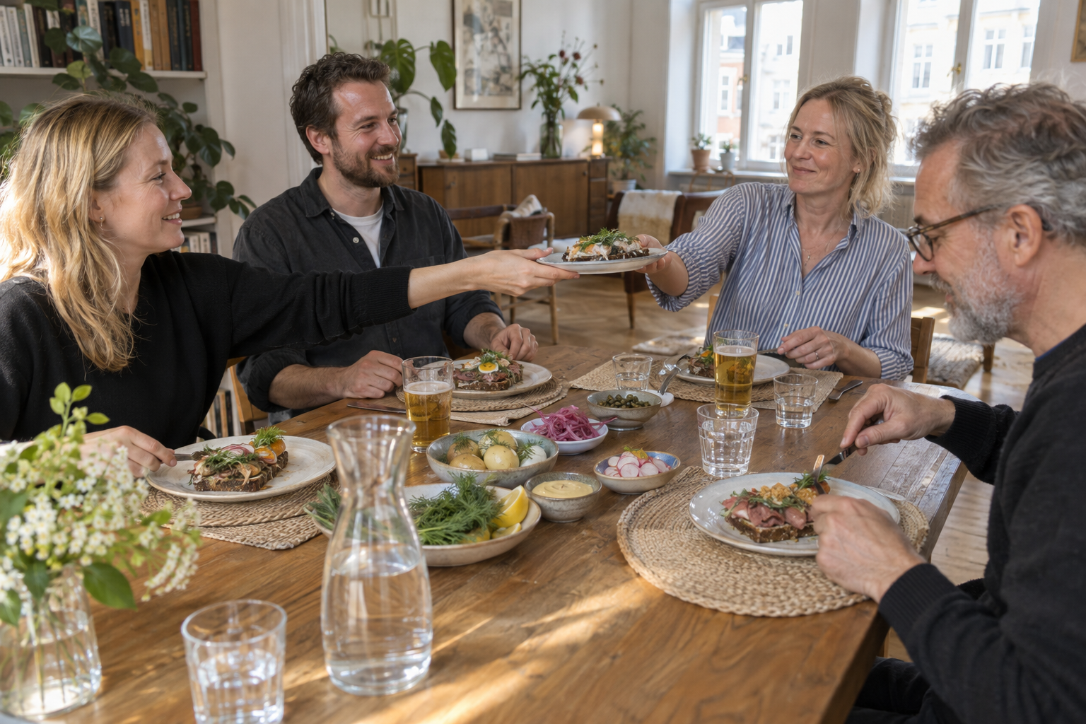 Frokost betyder lunch, och bordets rytm lämnar plats för både fler smörgåsar och samtal. Nyskapad fotorealistisk illustration av en gemensam lunch i Köpenhamn.