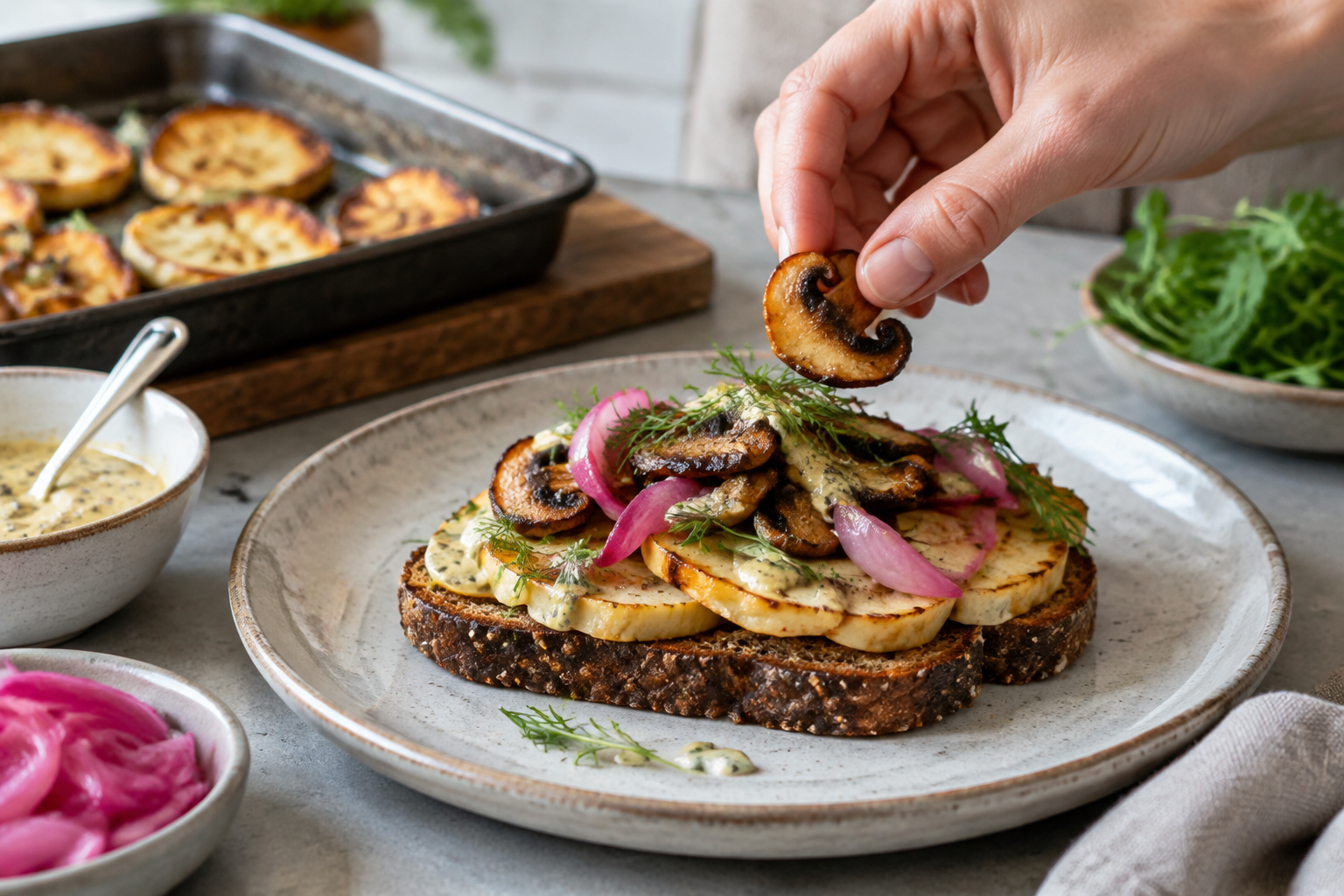 Rostad rotselleri och svamp ger djup åt ett grönsaksbaserat smørrebrød, med syra och fett som motspelare. Nyskapad fotorealistisk illustration.