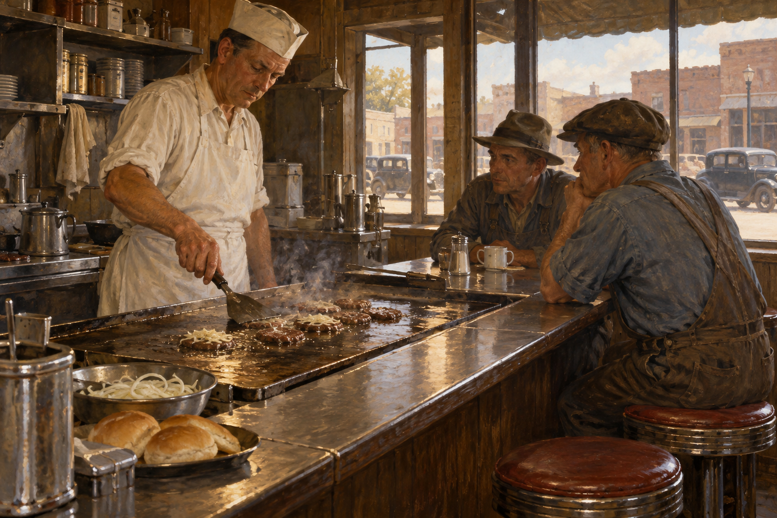 Tunna burgare med lök hör till Oklahomas stekbordstradition, där löken också kunde dryga ut köttet. Nyskapad målad illustration av en tänkt lunchservering på 1930-talet.