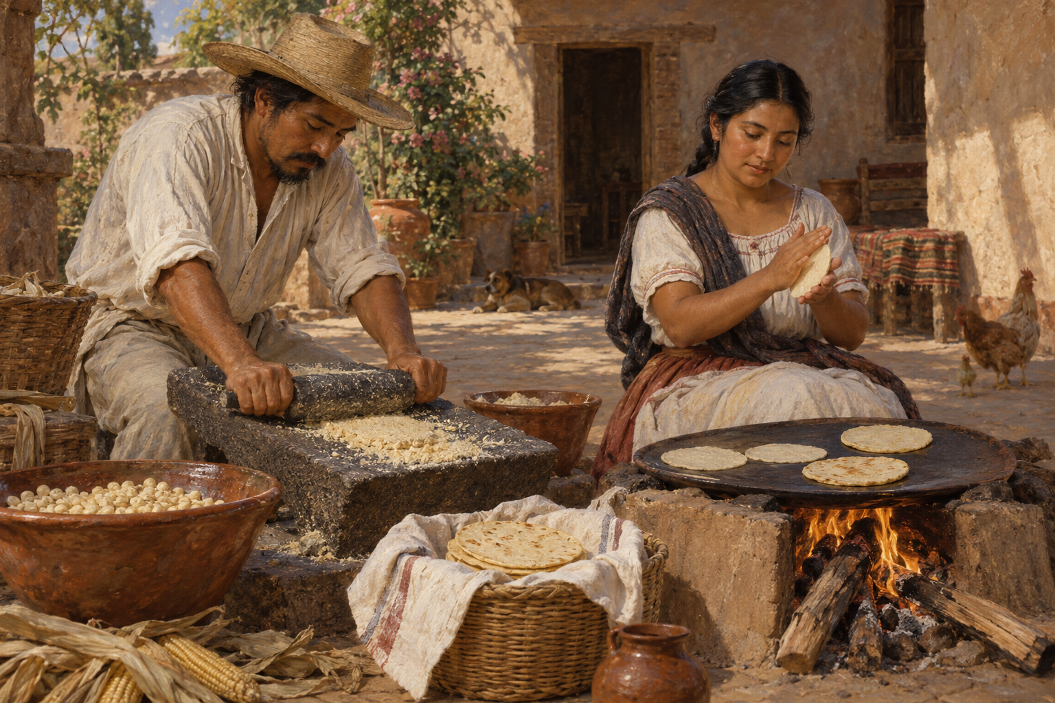 Majsens väg till masa och tortilla har djupa rötter i Mesoamerika. Nyskapad målad illustration av tortillabakning i en tänkt mexikansk gårdsmiljö omkring 1880, inte av tacons uppkomst.