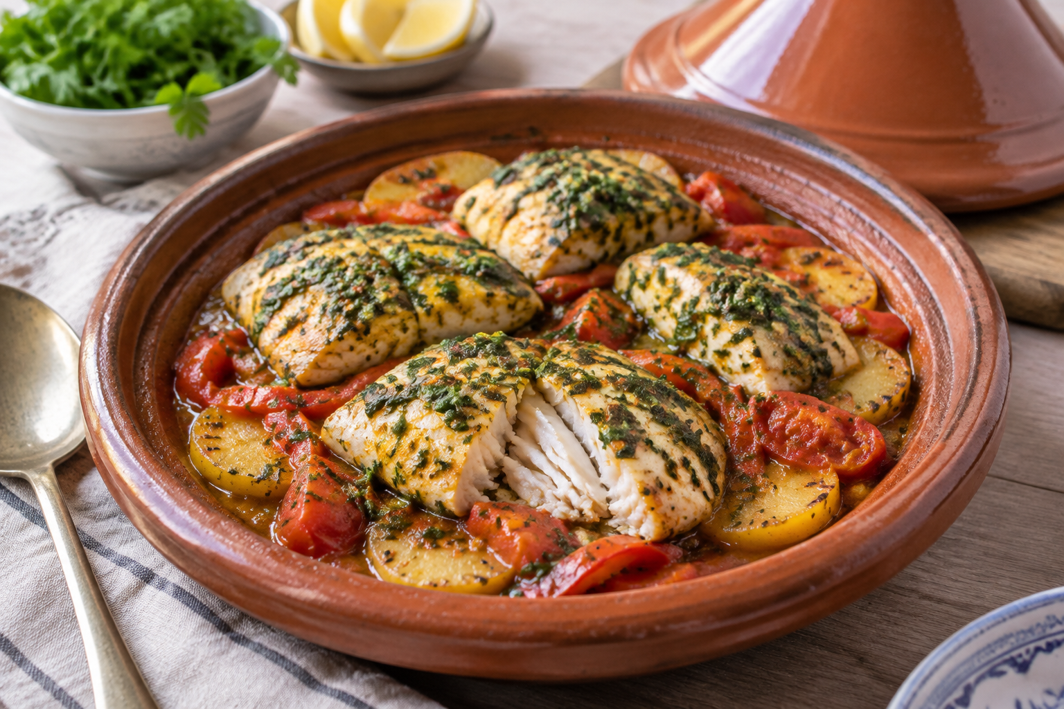 Fisk med chermoula, potatis, tomat och paprika visar en annan sida av taginen; grönsakerna kan behöva ett försprång före fisken. Nyskapad fotorealistisk illustration.