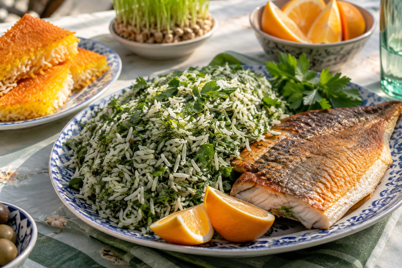 Sabzi polo ba mahi, örtigt ris med fisk, är starkt förknippat med iranskt nyårsfirande. Nyskapad fotorealistisk illustration, här med saffransdoftande ristahdig på ett eget fat.