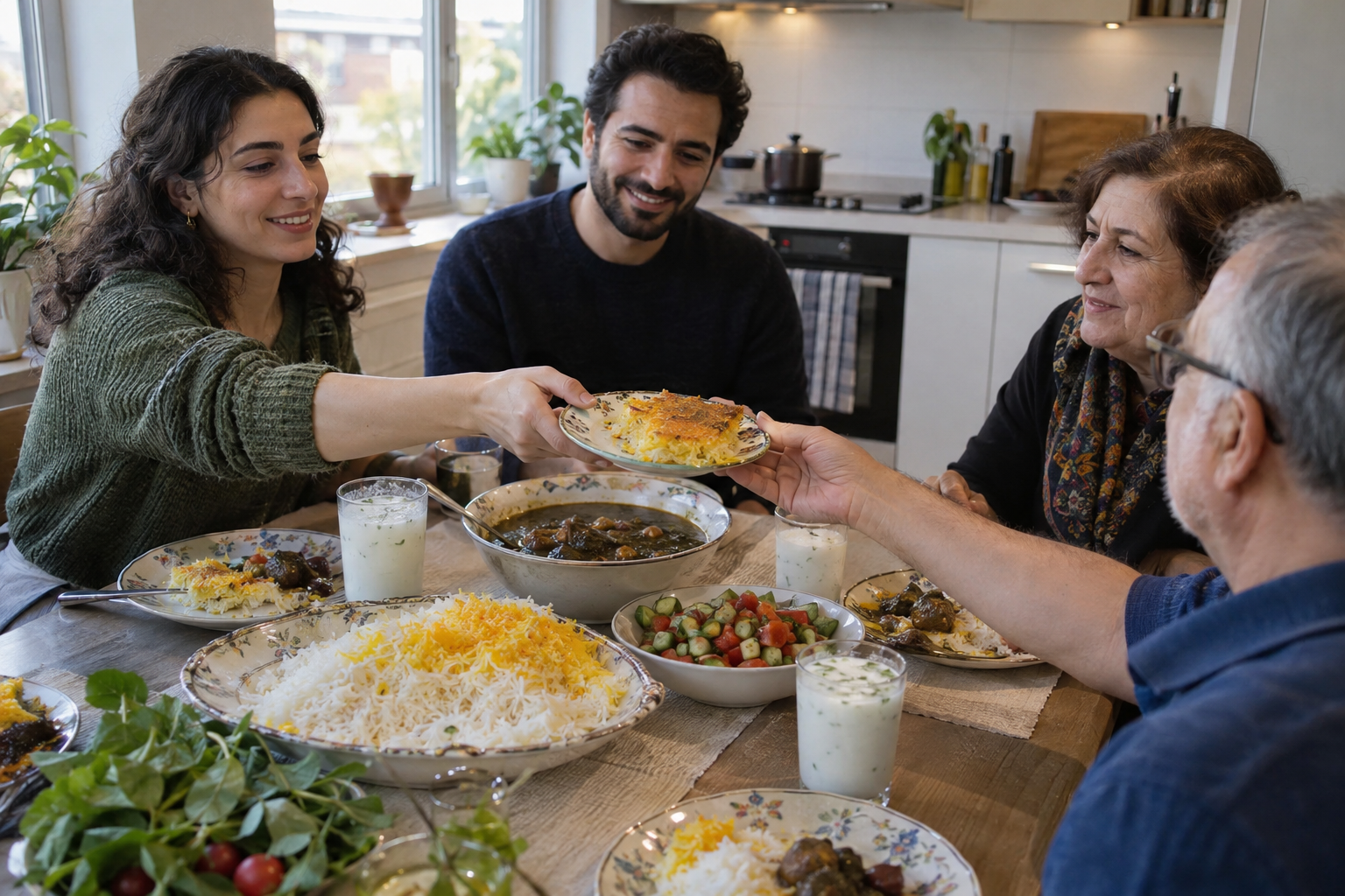 Tahdig behöver inte lossna hel för att bli måltidens höjdpunkt – bitarna kan delas från ett eget fat. Nyskapad fotorealistisk illustration av en gemensam måltid i ett svenskt hemmakök.