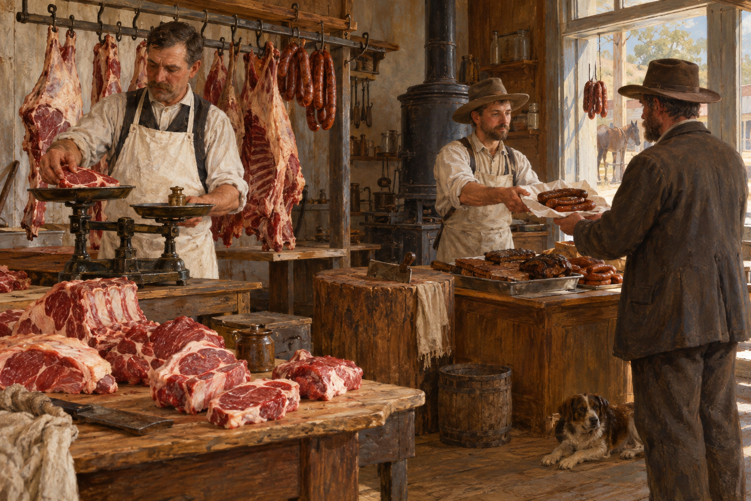 Nyskapad målad illustration av en tänkt köttmarknad i centrala Texas under sent 1800-tal. Slaktarbodarnas försäljning av rökt kött är en del av barbecue-historien, men inte hela dess ursprung.