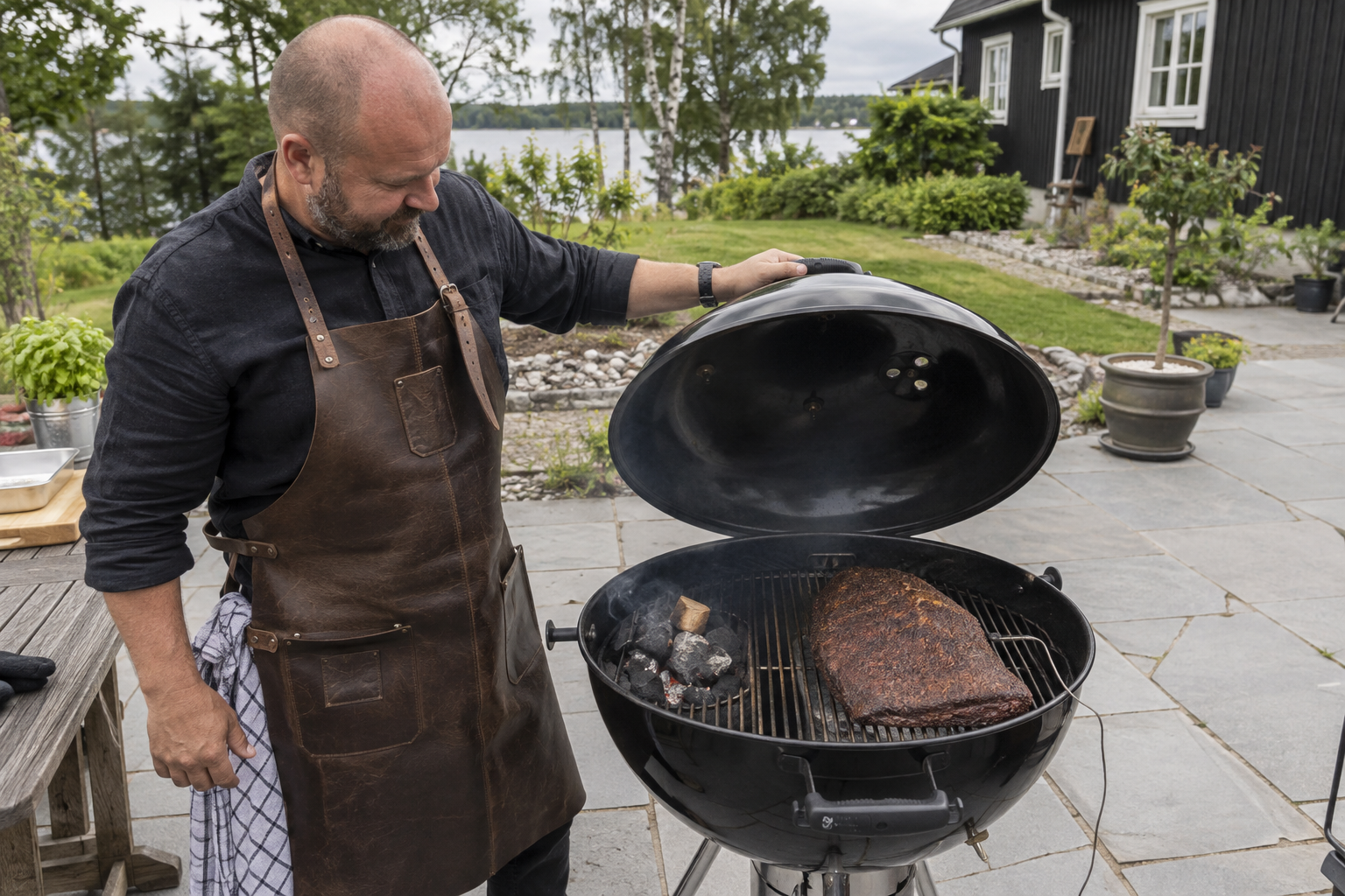 En rymlig klotgrill kan fungera med stabil indirekt värme och några bitar rökved; grillen ska alltid användas utomhus. Nyskapad fotorealistisk illustration.