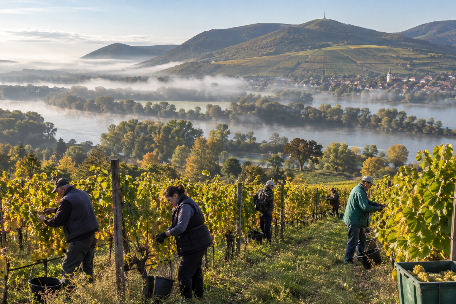 Dimmiga morgnar och torrare, soliga timmar kan ge förutsättningar för ädelröta i Tokaj. Nyskapad fotorealistisk illustration av regionens vinlandskap.