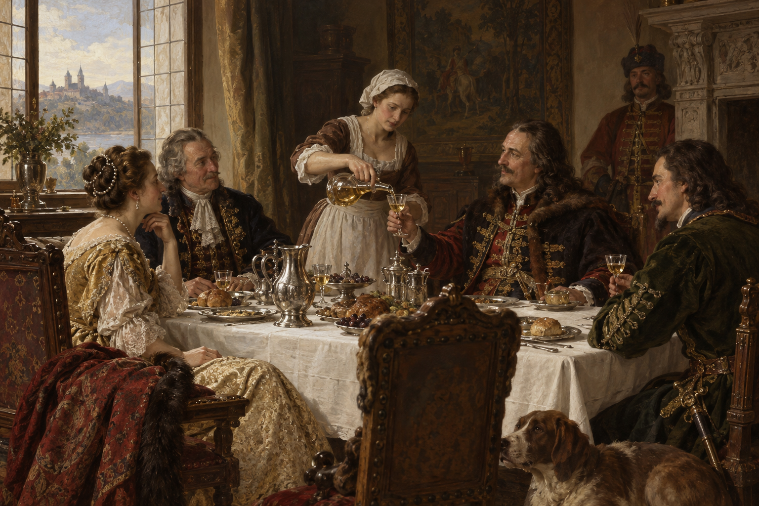 Tokajs söta viner blev en del av aristokratins representation och handelskontakter. Nyskapad målad illustration av en tänkt ungersk bordsscen omkring 1710, inte en dokumenterad händelse.