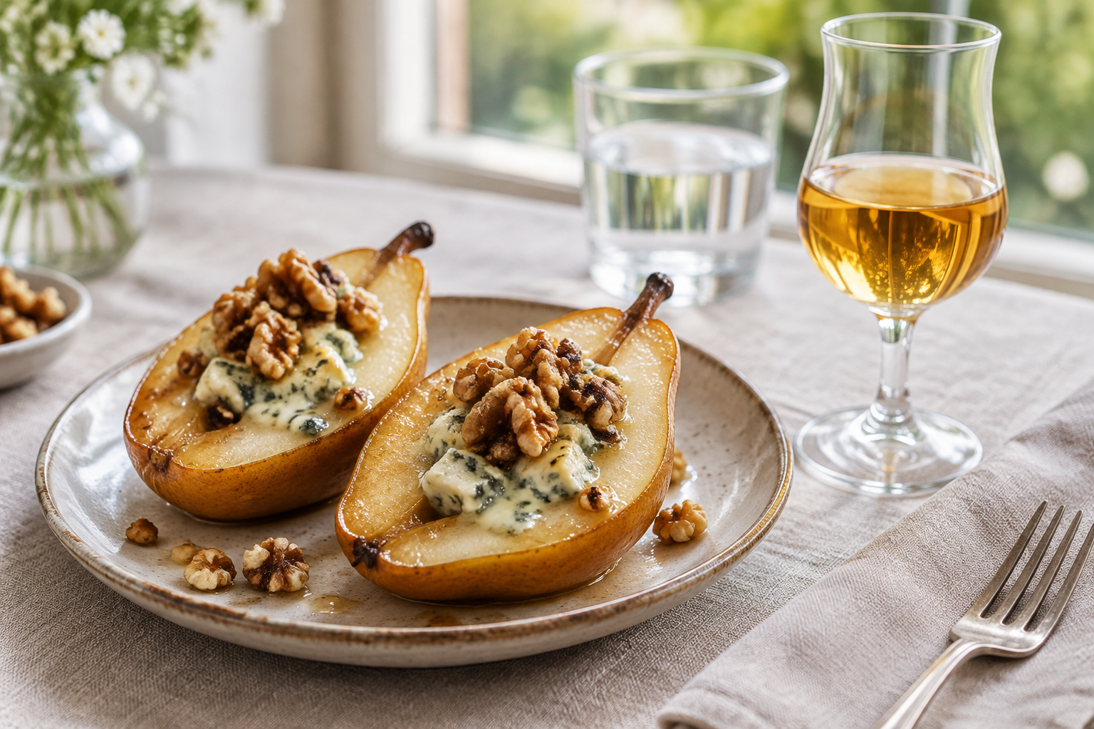 Ljumma päron med ädelost, valnötter och sparsamt med honung låter frukt, sälta och sötma mötas. Nyskapad fotorealistisk illustration av reportagets avslutande serveringsförslag.