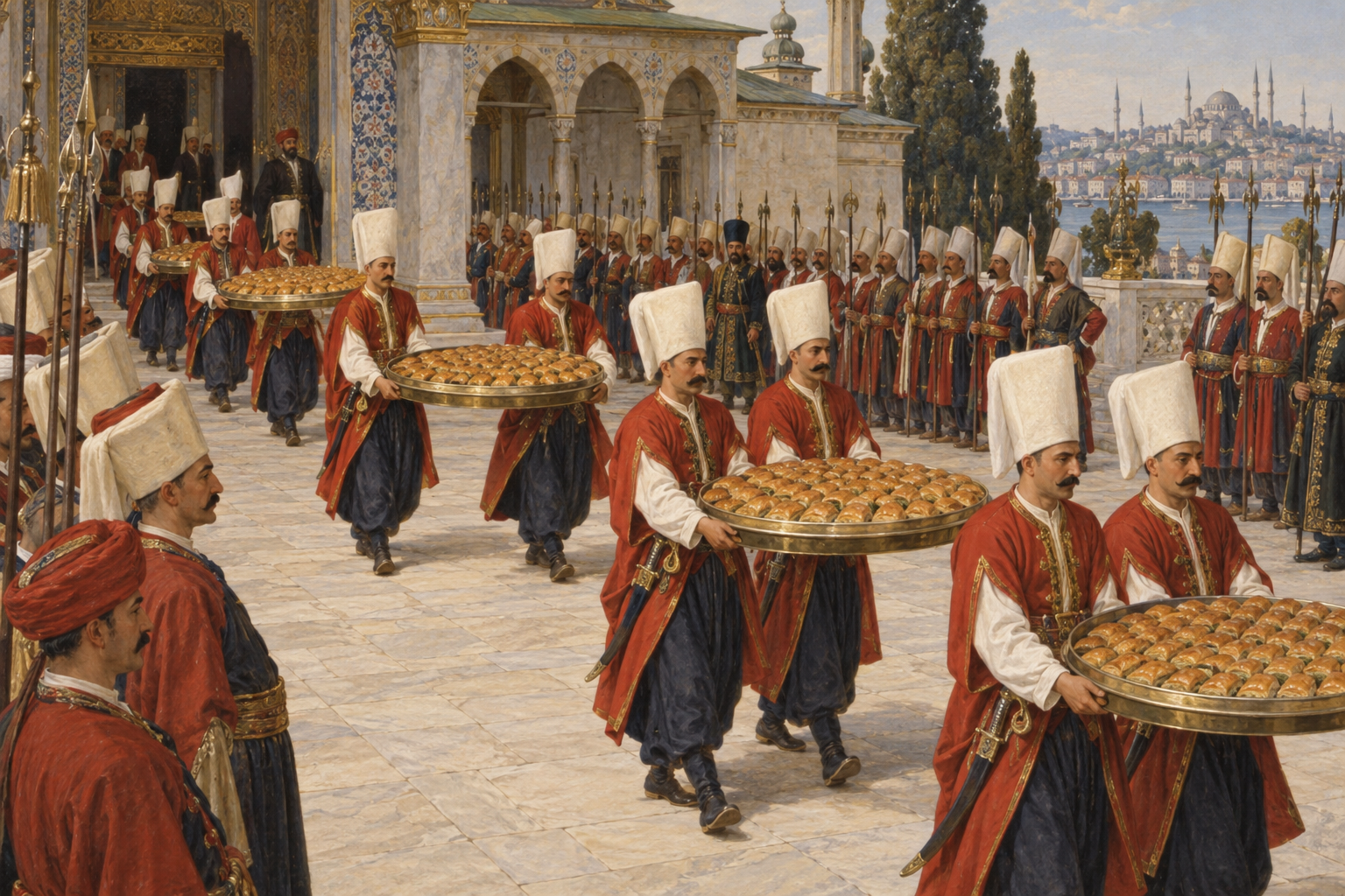 Baklavaprocessionen knöt sötsakerna till härskarens givmildhet och soldaternas lojalitet under ramadan. Nyskapad målad illustration av ceremonin, här förlagd till tidigt 1700-tal.