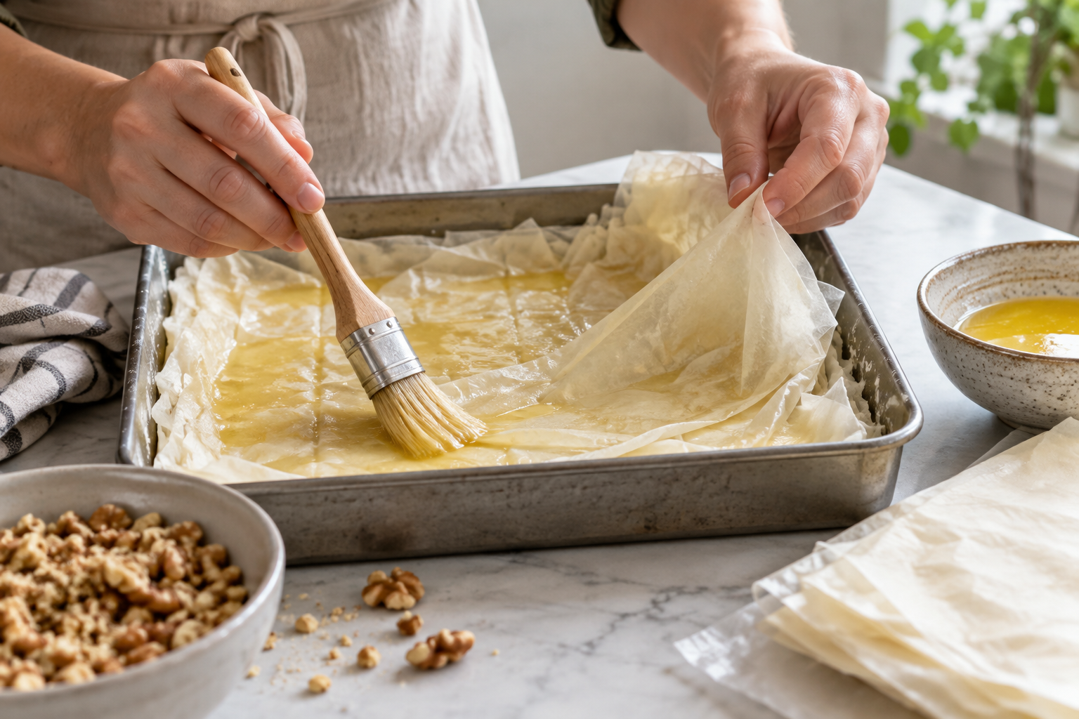 Tunna degblad och jämnt fördelat fett är avgörande moment när baklava byggs lager för lager. Nyskapad fotorealistisk illustration av tillagning med färdig filodeg.